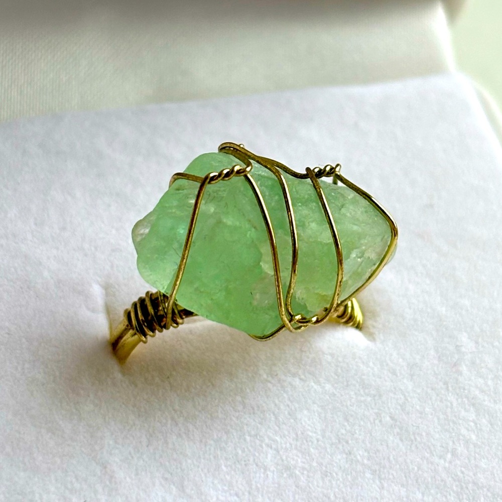 Copper Wire Wrapped Raw Green Flourite Ring